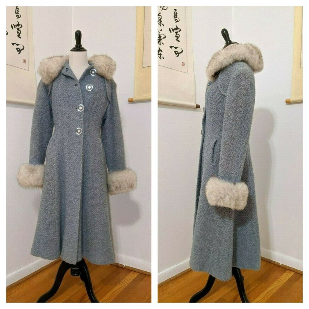 1950s Teal Blue Russian Princess Coat Fox Fur Coat
